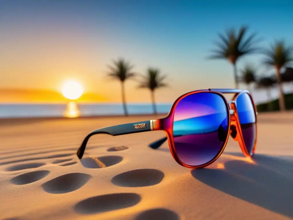 Un retrato detallado de una persona con gafas de sol elegantes en un atardecer uruguayo, resaltando estilo y funcionalidad en la playa