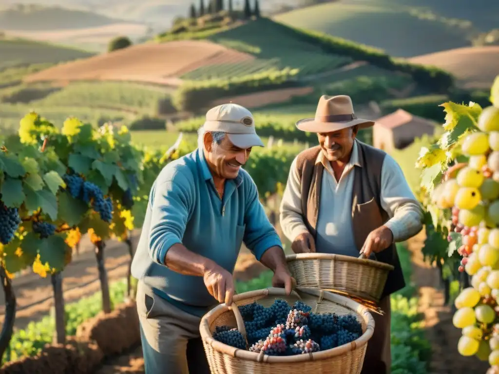 Un retrato detallado de la tradición vinícola uruguaya vendimia, donde campesinos recogen uvas entre colinas al atardecer dorado