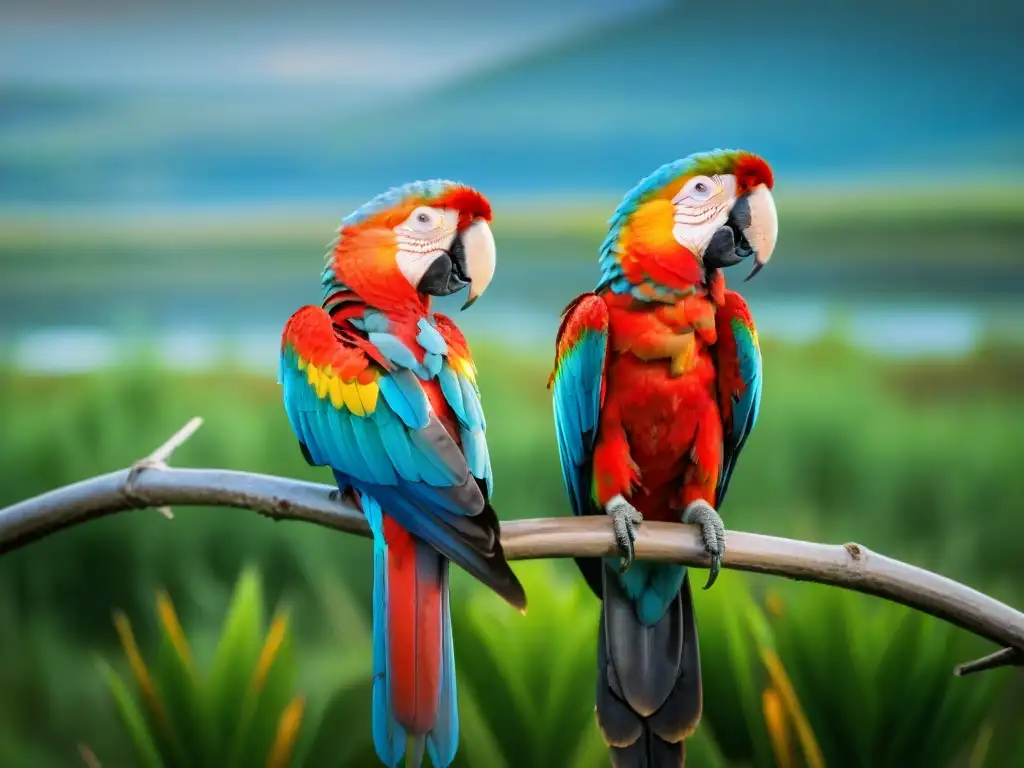 Un retrato detallado de un vibrante Guacamayo Escarlata posado en una rama verde en los humedales uruguayos, resaltando la biodiversidad de aves