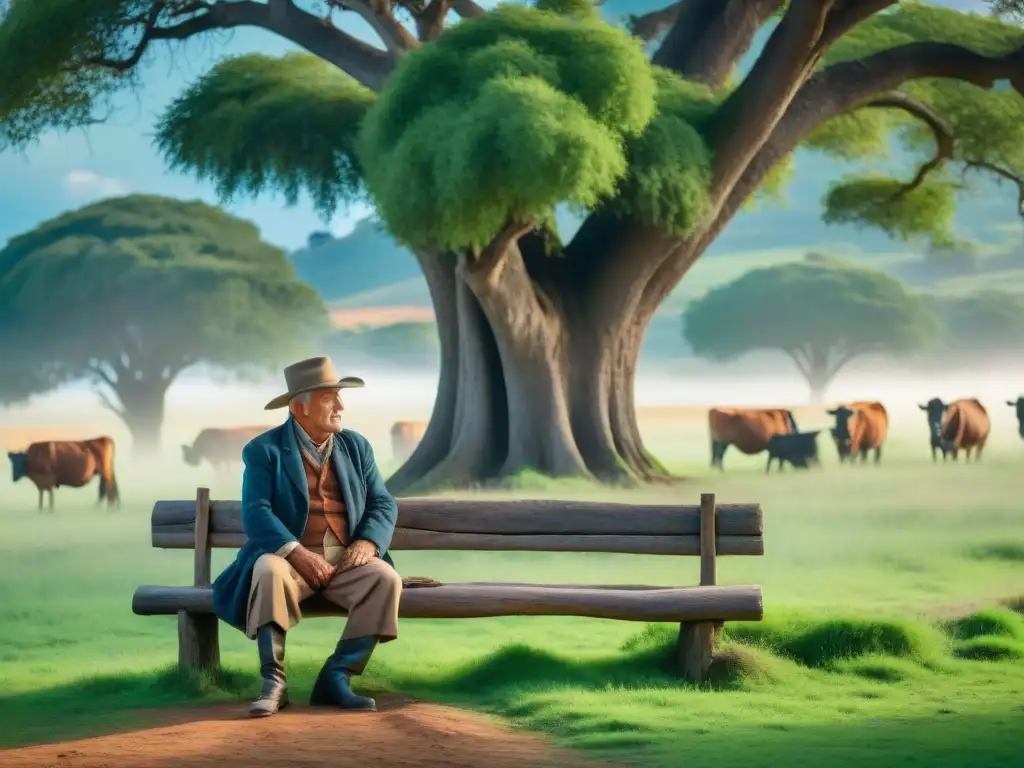 Retrato de un gaucho uruguayo: sabiduría en la tierra Retrato emotivo de un gaucho uruguayo bajo un ombú, reflejando la identidad y las historias locales