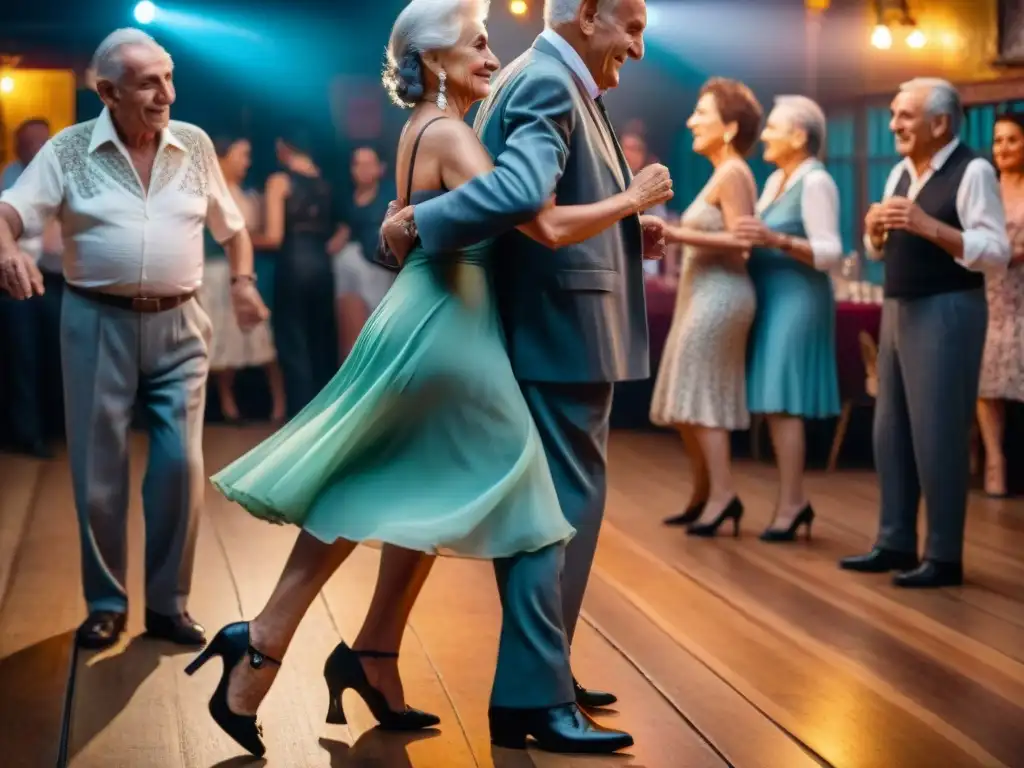 Un retrato emotivo de parejas uruguayas ancianas bailando tango apasionadamente en una milonga tradicional durante la Fiesta La Noche de la Nostalgia