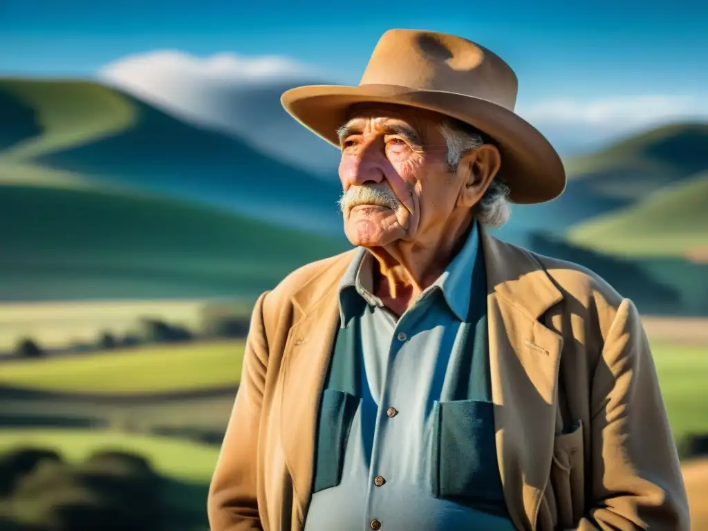 Retrato de un gaucho uruguayo anciano en las colinas verdes de Uruguay