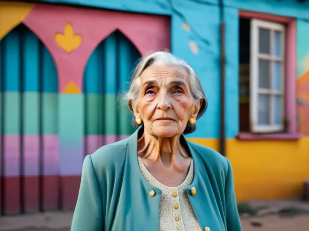 Retrato de mujer uruguaya frente a mural colorido en un pueblo, reflejando la vida local