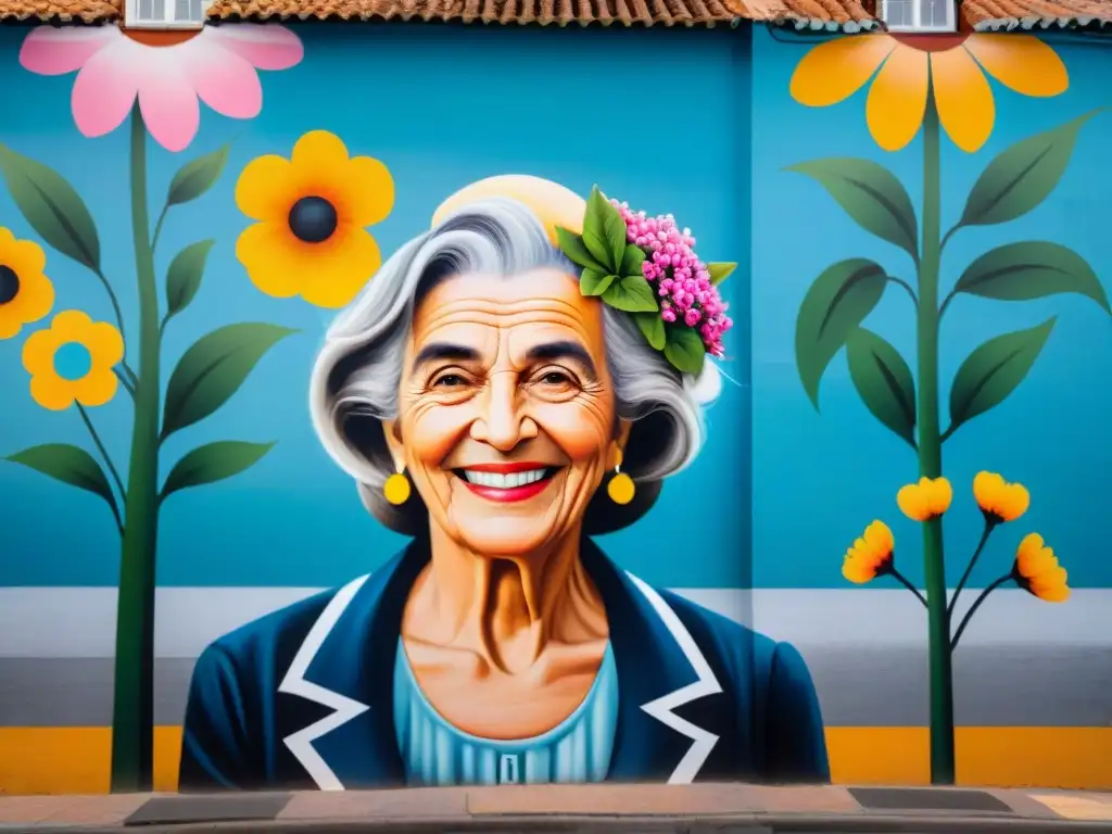 Retrato urbano sorprendente de una mujer mayor sonriente con flores en el cabello, en Montevideo, Uruguay