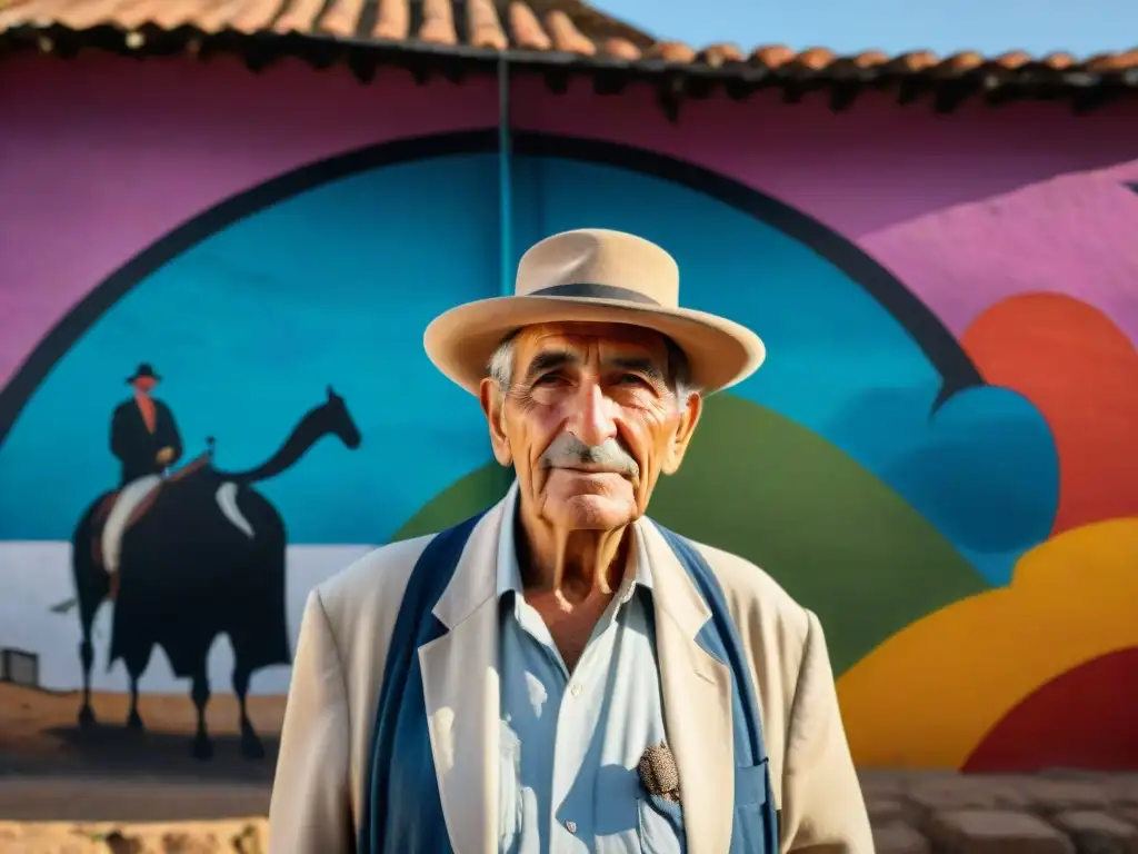 Retratos auténticos del pueblo uruguayo: anciano de mirada sabia frente a mural colorido en pared de adobe