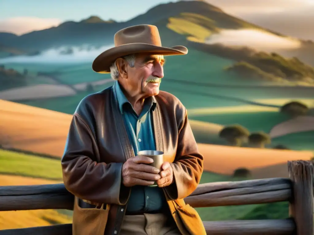 Retratos auténticos del pueblo uruguayo: Gaucho anciano en atardecer, mirada nostálgica, mate en mano, paisaje rural