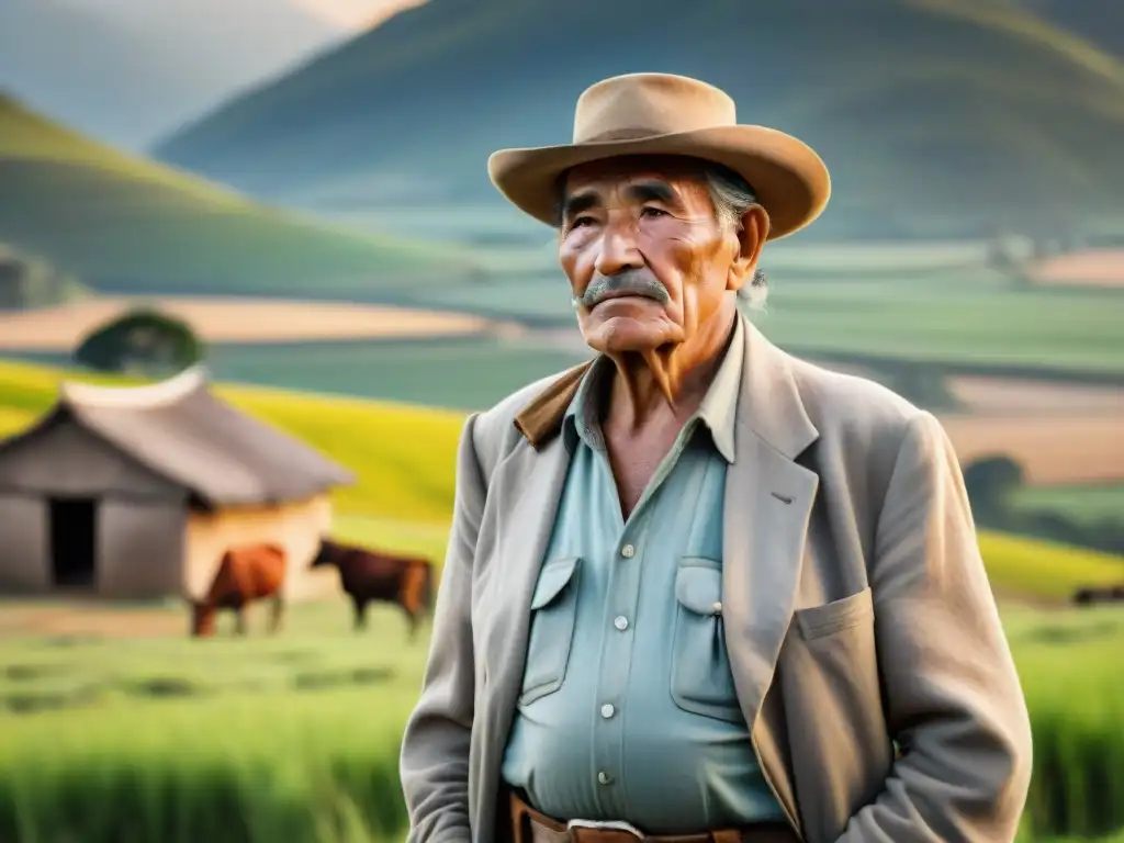 Retratos auténticos del pueblo uruguayo: Gaucho anciano con rostro curtido en atuendo tradicional, de pie frente a una casa rústica al atardecer