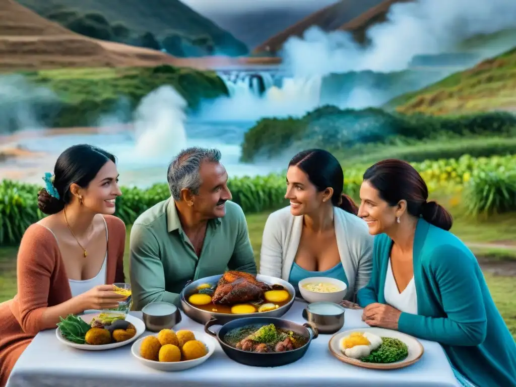 Reunión familiar en Uruguay con cocina tradicional y paisaje campestre de termas