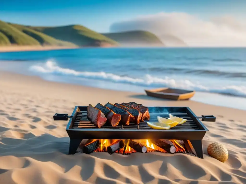 Reunión familiar en la playa de Uruguay con asado: amigos disfrutan de un día soleado junto al mar