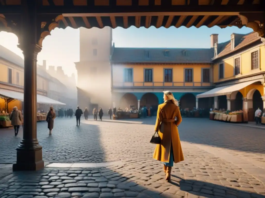 Revitalización de espacios urbanos históricos: Plaza bulliciosa con edificios históricos, puestos de mercado y artesanos locales al atardecer