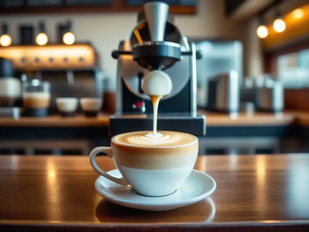 Un rincón acogedor en una encantadora cafetería de Montevideo, con un barista vertiendo arte latte