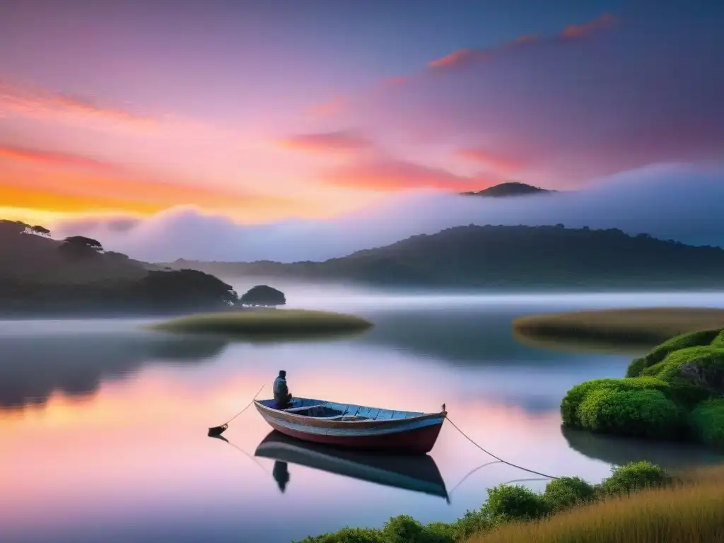 Explorando rincones ocultos Uruguay: Amanecer impresionante sobre Laguna Garzón, con un bote solitario reflejado en el agua tranquila