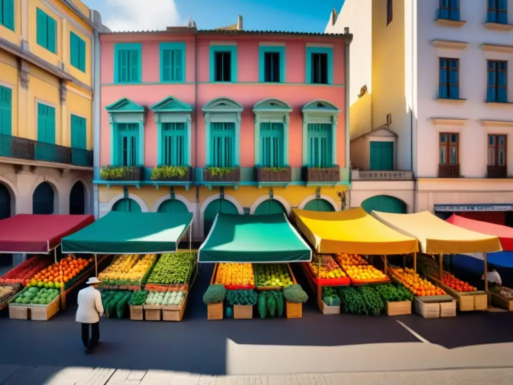 Explorando rincones ocultos Uruguay: Mercado callejero vibrante en Montevideo con sombrillas coloridas y puestos de frutas y artesanías locales