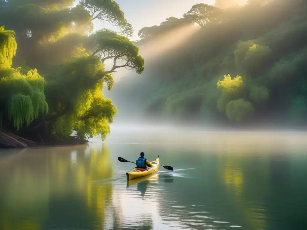 Kayak explorando el Río de la Plata al amanecer, reflejando la serenidad del momento en las aguas