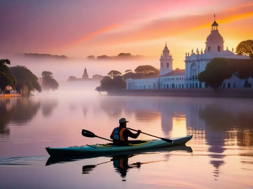 Exploración en kayak en el Río de la Plata al amanecer con tonos rosados y naranjas en el cielo, reflejados en el agua tranquila