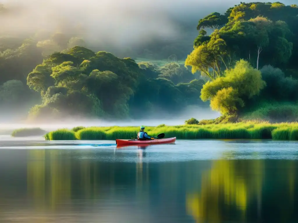 Un río sereno en Uruguay con kayak y exuberante vegetación