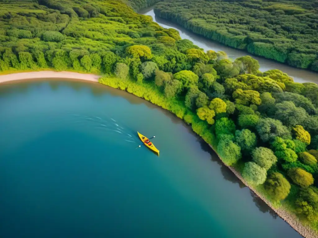 Un río sereno serpenteando entre exuberantes bosques en Uruguay, con un kayak solitario deslizándose en el agua rodeado de flora y fauna vibrante