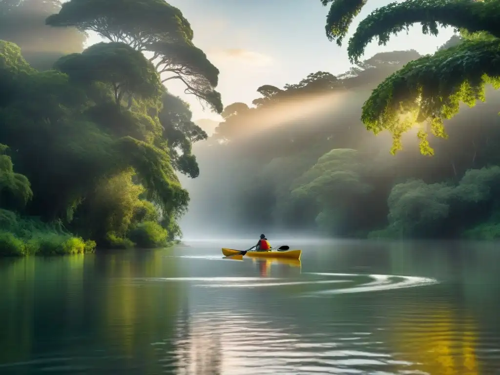 Un río serpenteante rodeado de exuberante vegetación, con un kayakista solitario disfrutando de la tranquilidad