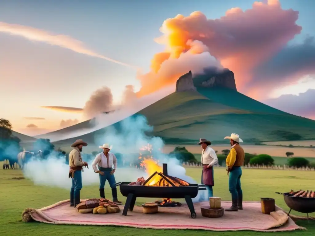 Riquezas naturales y culturales Uruguay: Asado tradicional en estancia con gauchos y atardecer vibrante