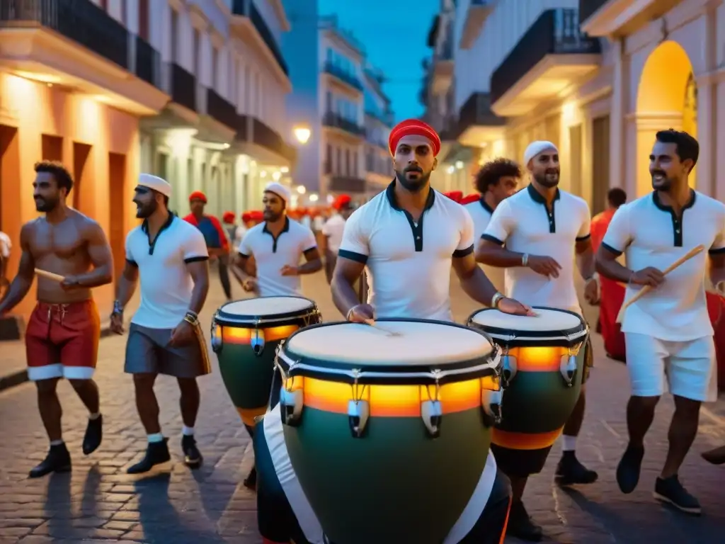 Ritmo y pasión en la Noche de candombe en Montevideo: músicos tocando en la calle iluminados por faroles