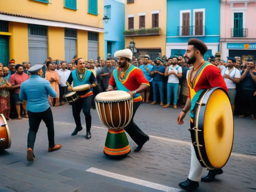 Ritmos musicales en Montevideo, Uruguay: músicos de candombe y multitud diversa disfrutando de la música callejera