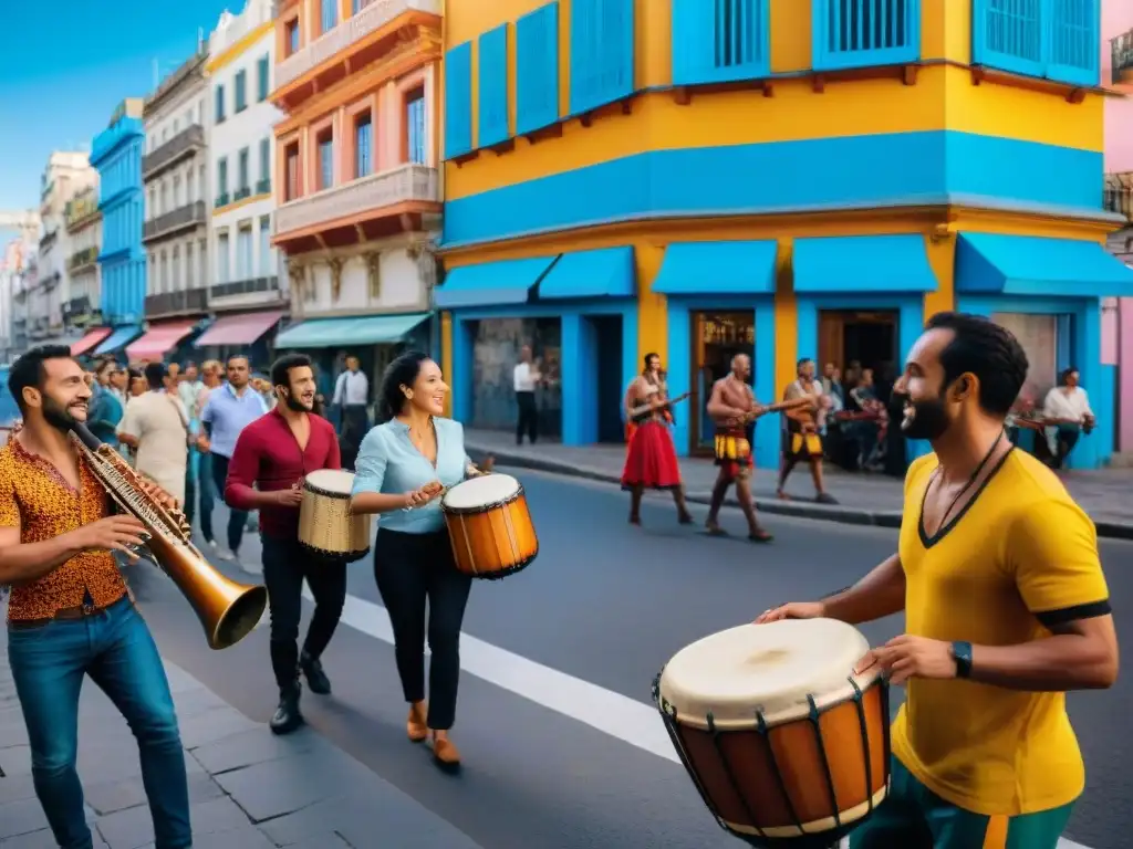 Ritmos musicales en Montevideo: músicos locales tocan tambores candombe mientras la gente baila y se divierte en la calle