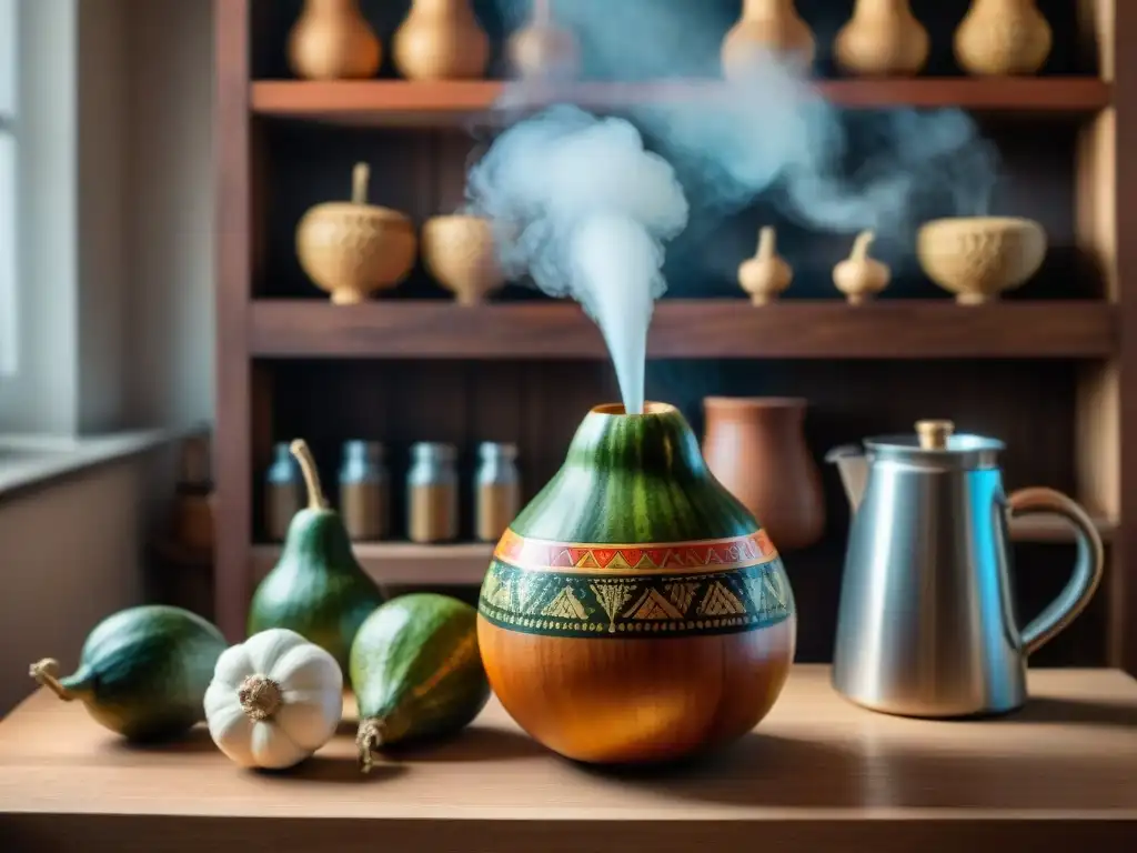 Ritual del mate uruguayo: gourds y bombilla en ambiente acogedor con libros de fondo