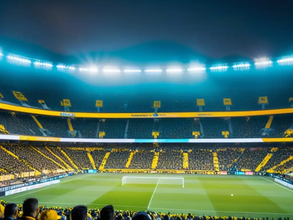 Rivalidad clásica Peñarol vs Nacional: Estadio lleno, hinchas apasionados, banderas ondeando, jugadores en acción