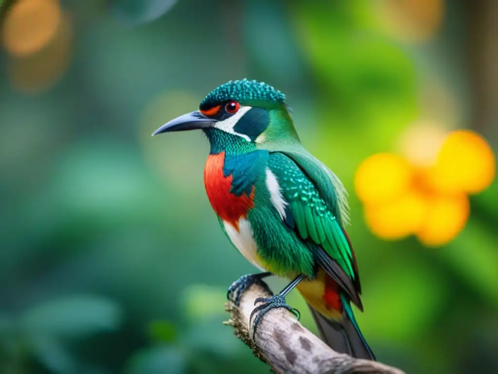 Un tucán rojo y verde brillante en su ambiente natural de un bosque tropical en Uruguay