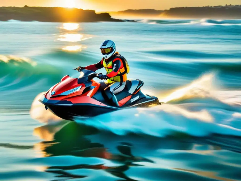 Un Jet Ski rojo vibrante surca las aguas cristalinas de la costa de Montevideo al atardecer, creando una escena emocionante de aventura y adrenalina