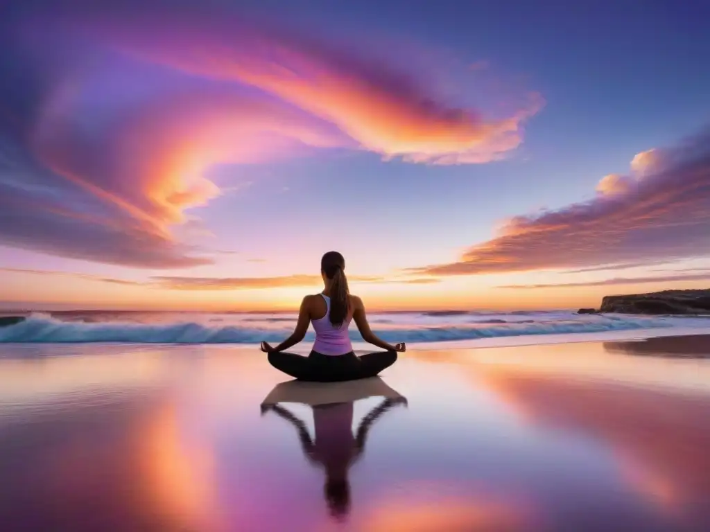 Romántico atardecer en la playa de Uruguay, pareja practicando yoga juntos