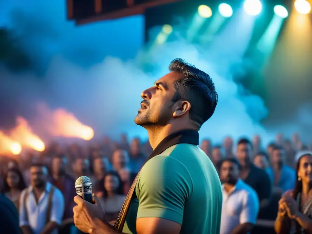 Jaime Roos interpretando con pasión en el escenario, rodeado de elementos culturales uruguayos