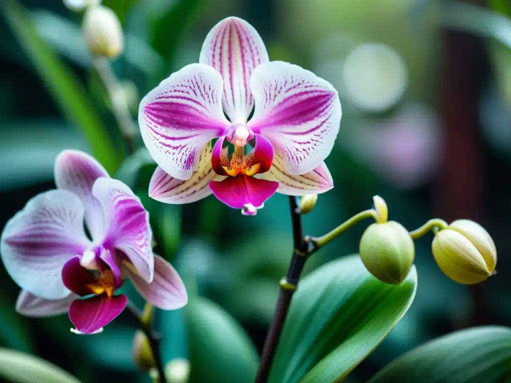 Orquídea rosada y blanca en exuberante jardín botánico de Uruguay