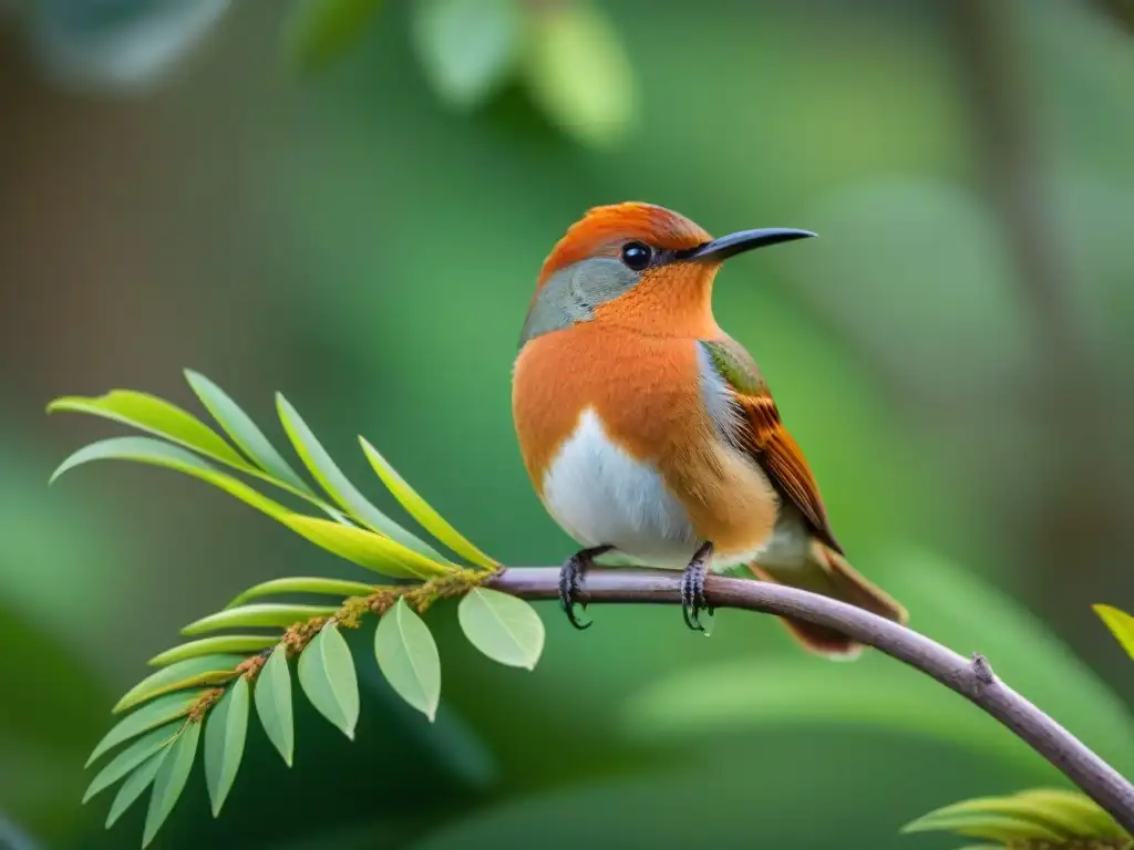 Un Rufous Hornero posado en una rama verde, destacando sus plumas y mirada intensa