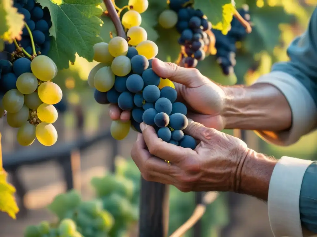 Las rugosas manos de un vinicultor uruguayo seleccionan uvas maduras al atardecer, en un escenario tradicional de viñedos y edificios de piedra