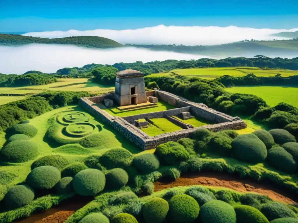 Ruinas antiguas cubiertas por vegetación en un sitio arqueológico menos conocido en Uruguay, bajo cielo azul