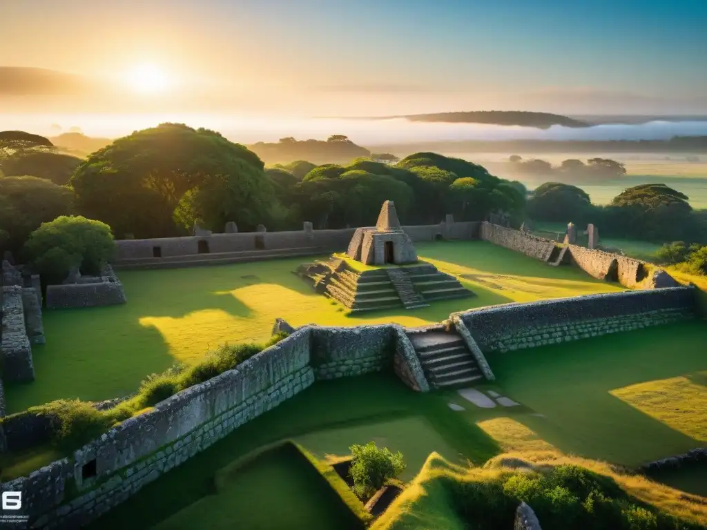 Ruinas antiguas de Chamangá en Uruguay, con estructuras de piedra cubiertas de vegetación