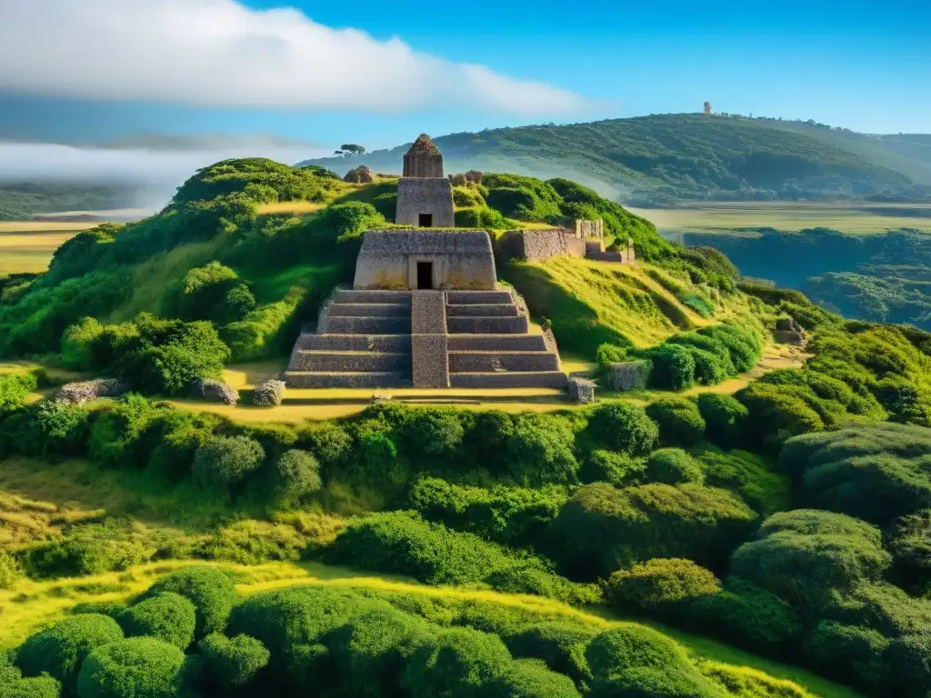 Ruinas antiguas en Uruguay rodeadas de exuberante vegetación, bajo un cielo azul