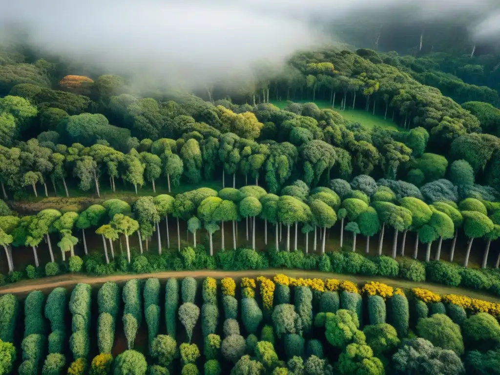 Ruinas arqueológicas entre bosque verde en Uruguay, luz filtrándose entre árboles