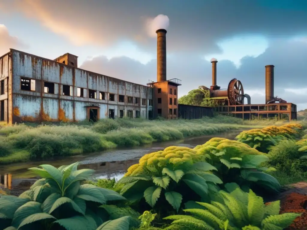 Ruinas de fábrica en Uruguay, legado de la Revolución industrial con maquinaria oxidada y edificios en ruinas