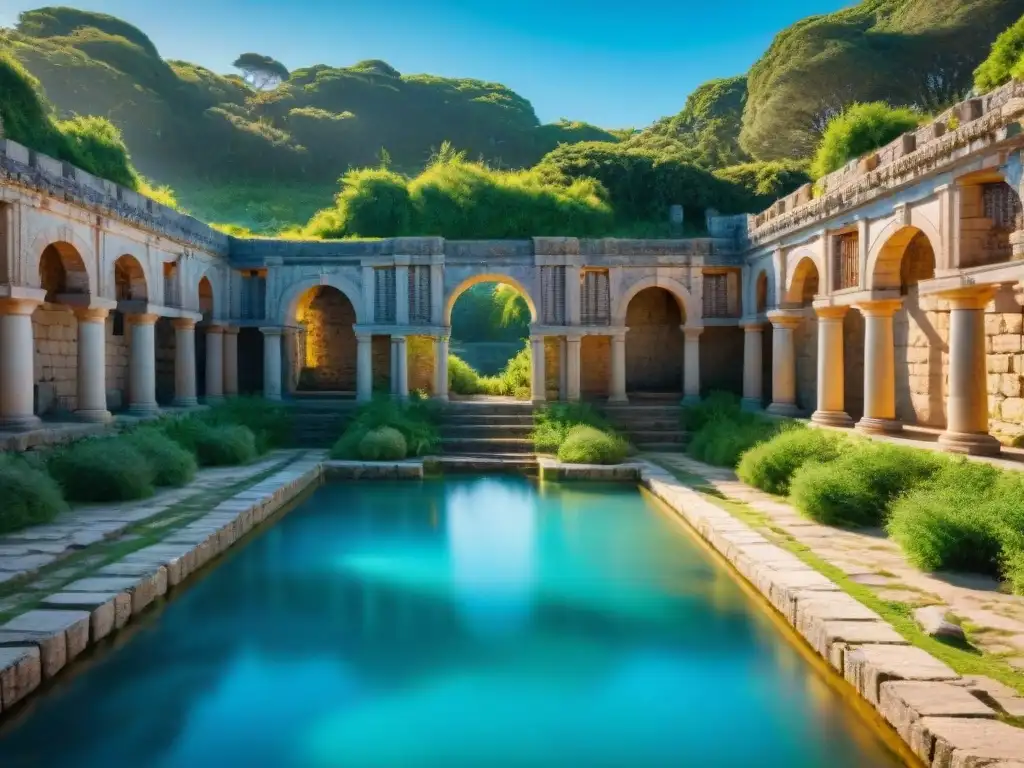 Ruinas de las históricas termas en Uruguay, con detalles arquitectónicos y naturaleza exuberante bajo cielo azul