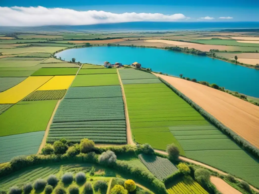 Transformación rural en Uruguay: paisaje agroturístico vibrante con granjas, viñedos y turistas participando en actividades agrícolas