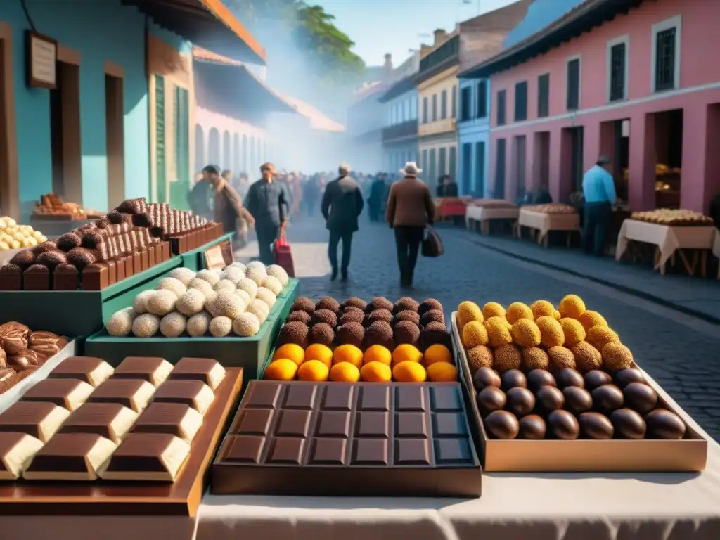 Ruta del chocolate en Uruguay: Mercado bullicioso con vendedores y variedad de chocolates artesanales