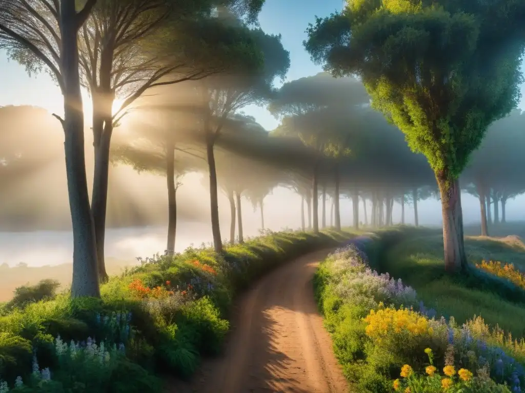 Ruta de running en Uruguay al amanecer: sendero sereno entre vegetación exuberante y flores silvestres, bañado en luz dorada