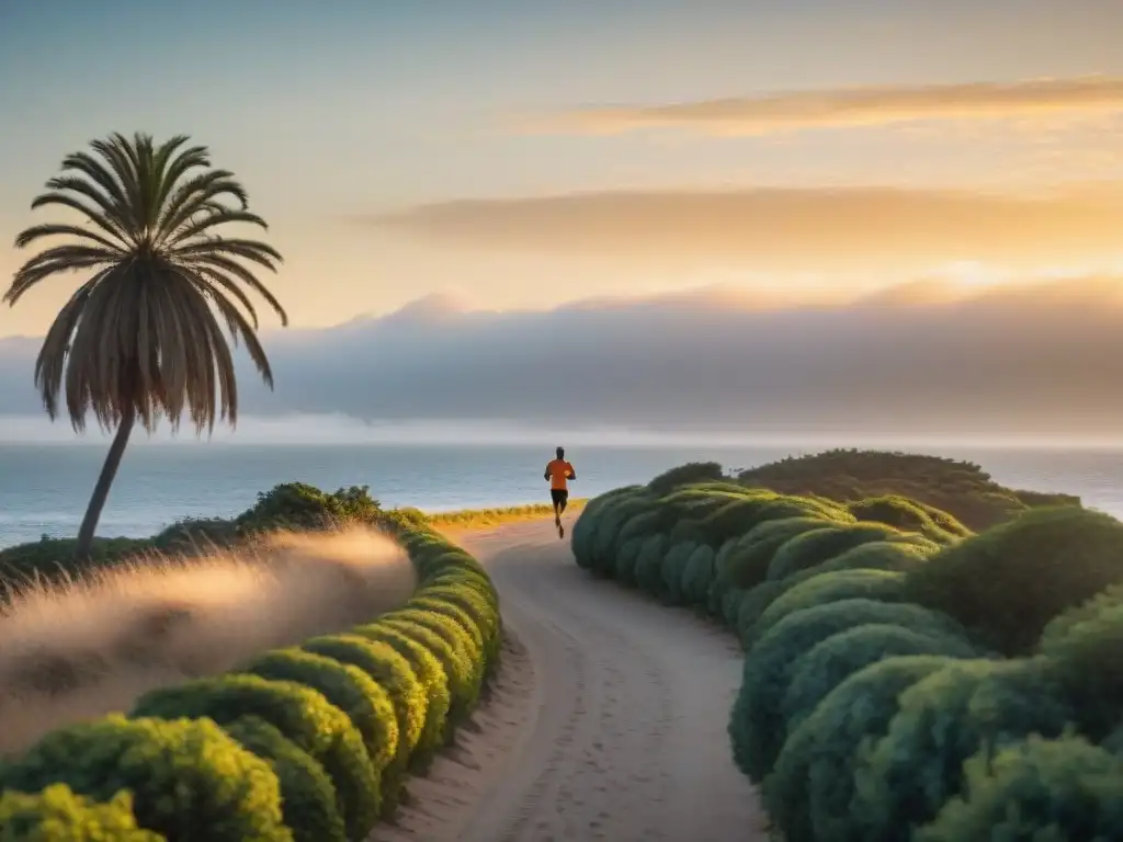 Runner en ruta tranquila al amanecer en la costa de Uruguay, reflejando armonía y meditación