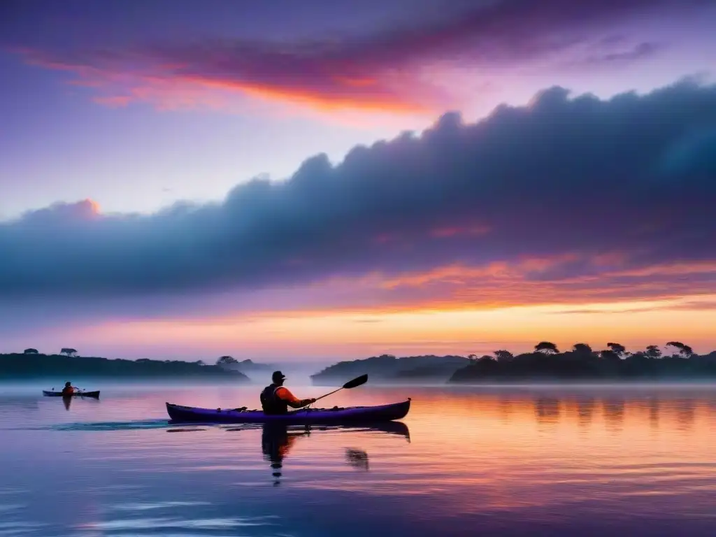 Atardecer multicolor en Uruguay: kayaks y serenidad Rutas kayak atardecer Uruguay: kayakers disfrutan de un atardecer colorido sobre aguas tranquilas en Uruguay