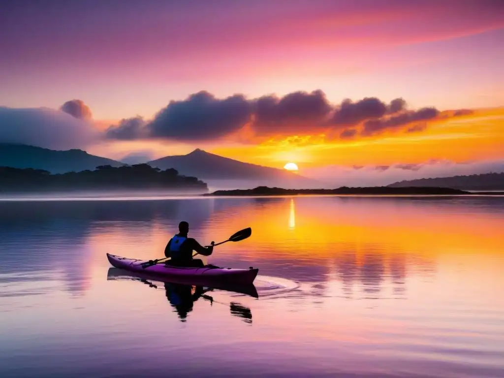 Kayakers al atardecer: serenidad y aventura en Uruguay Rutas de kayak al atardecer en Uruguay: siluetas de kayaks en aguas tranquilas bajo un espectacular atardecer uruguayo