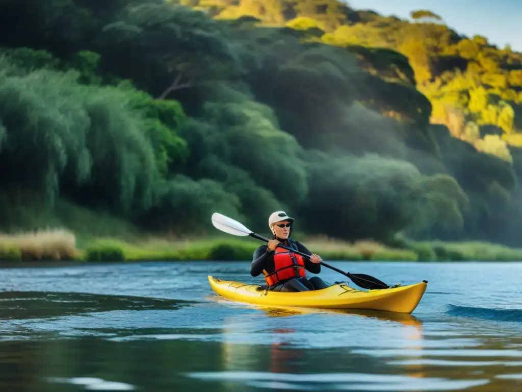 Remando en rutas avanzadas en kayak Uruguay: experimentados kayakeres surcan el río al atardecer entre exuberante vegetación