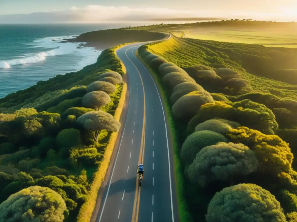 Explora las rutas en bicicleta por Uruguay al atardecer junto al mar y palmeras