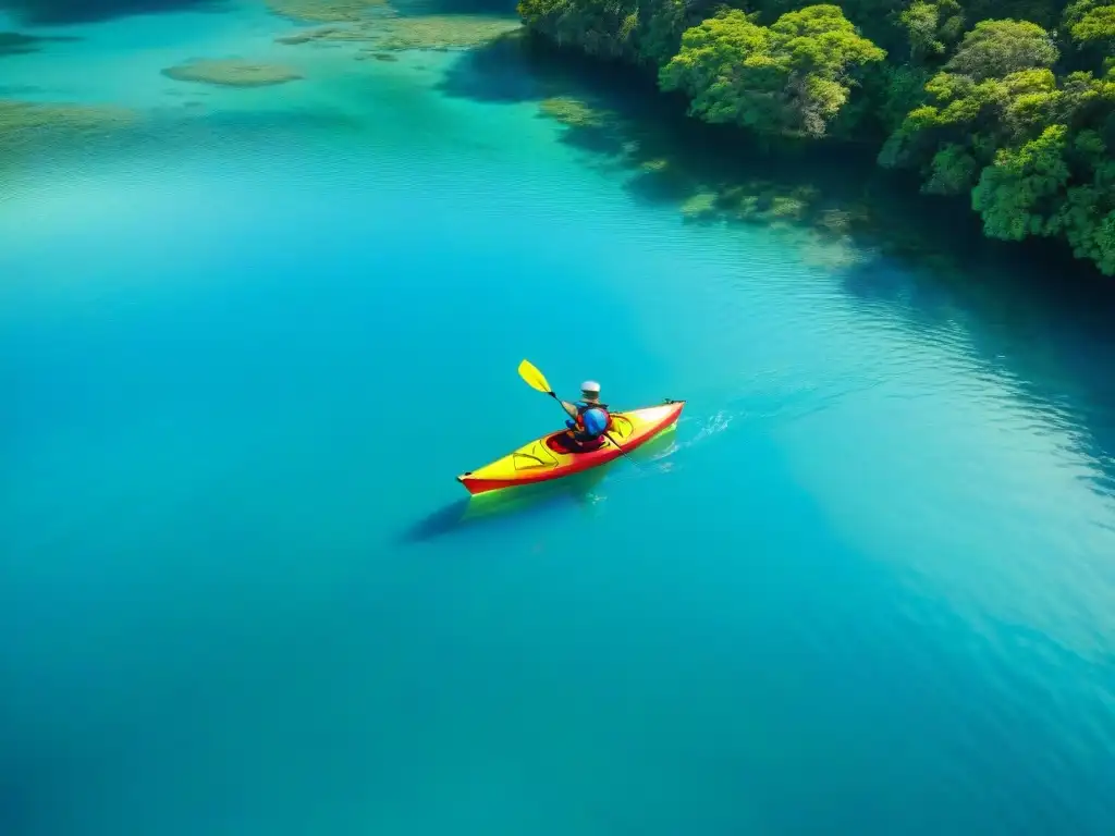 Explora las rutas de kayak en Uruguay: kayaks coloridos surcan aguas cristalinas de Laguna Garzón bajo un cielo azul vibrante